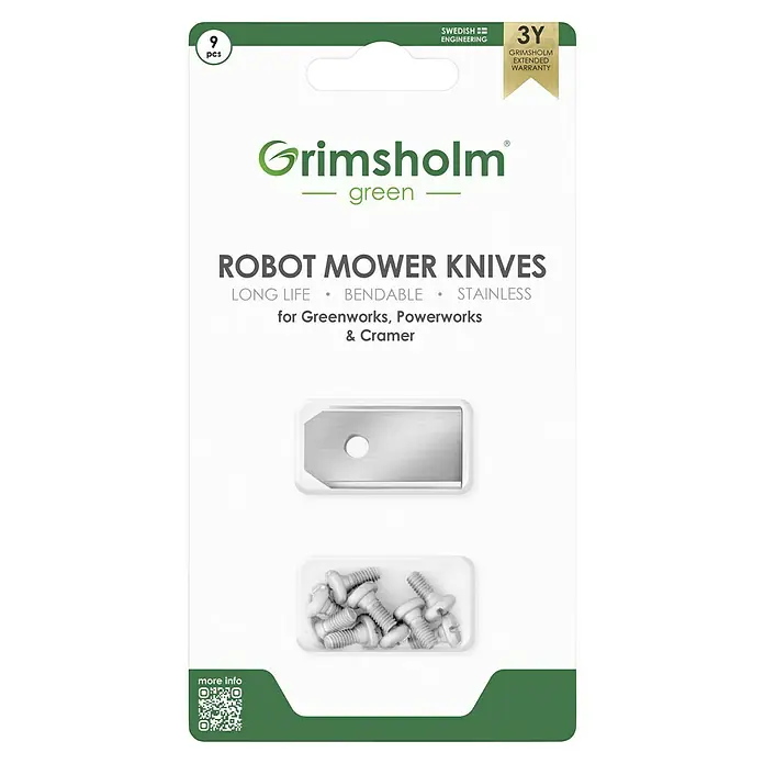Grimsholm Green Ersatzmesser-Set für Mähroboter - Greenworks, Powerworks, Cramer, 9 Stk. - Produktabbildung: Grimsholm Green Robotermähermesser, 9 Stück, für Greenworks, Powerworks & Cramer, Edelstahl, lange Lebensdauer, biegsam.