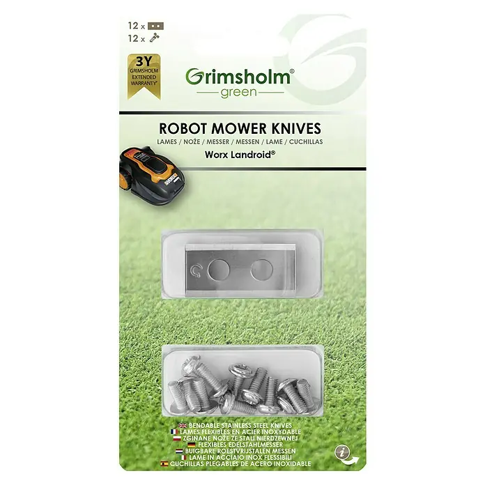 Grimsholm Green Ersatzmesser-Set für Mähroboter - 12 Stk. - Bild der Grimsholm Green Robot Mower Knives, 12 Stück mit Schrauben, für Worx Landroid, biegbare Edelstahlklingen.