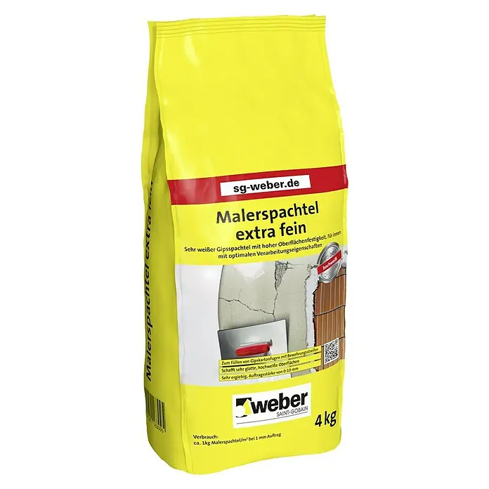 SG Weber Malerspachtel Extra Fein - 4 kg, Weiß - Ein 4 kg Sack "Malerspachtel extra fein" von Weber Saint-Gobain, ein sehr weißer Gipsspachtel für glatte, hochwertige Innenflächen.
