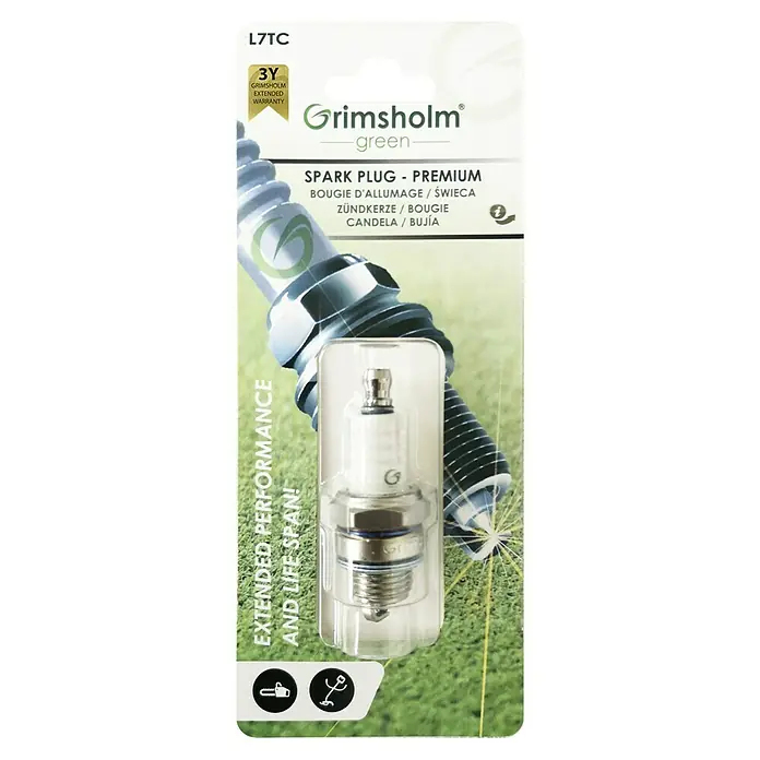 Grimsholm Green Zündkerze L7TC - Passend für: Kettensägen und Trimmer - Grimsholm Green Zündkerze L7TC Premium, eine hochwertige Zündkerze für Rasenmäher und Motorsägen mit verlängerter Lebensdauer und Leistung.