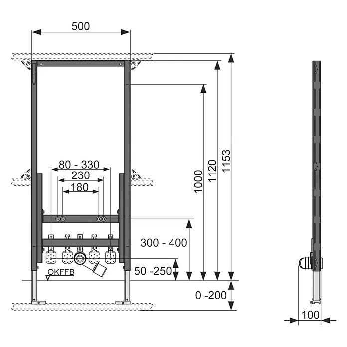 Tece Profil Bidet-Montageelement - 10 x 50 x 112 cm, Pulverbeschichtet - Abbildung eines Sanitärinstallationssystems mit detaillierten Maßangaben, die die Abmessungen und Konfiguration des Systems verdeutlichen.