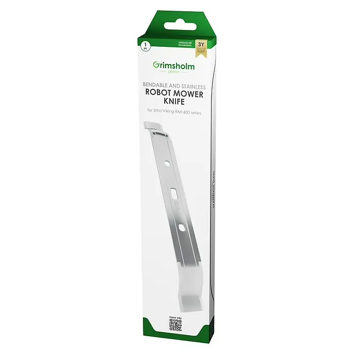 Grimsholm Green Ersatzmesser für Rasenmäher - Stihl/Viking Mähroboter der Serie 600, 1 Stk. - Verpackung eines Grimsholm Green Mähroboter Messers. Das Messer ist biegsam und aus Edelstahl für Stihl/Viking RMI 600 Serien.