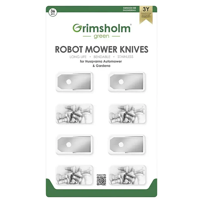 Grimsholm Green Ersatzmesser-Set für Mähroboter - Husqvarna Automower, Gardena, McCulloch, 36 Stk. - Abbildung der Grimsholm Green Robotermähermesser, 36 Stück, langlebig, biegsam, rostfrei, für Husqvarna Automower & Gardena.