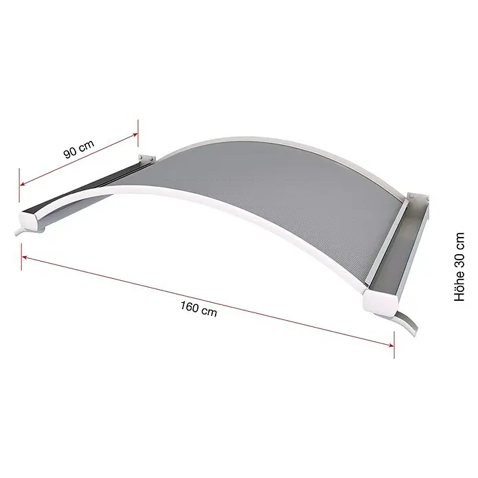Gutta Bogenvordach NO - 160 x 90 x 30 cm, Weiß, Farbe Dach: Klar - Darstellung einer eleganten, gebogenen Haustürüberdachung mit Maßangaben, die Design und Funktionalität vereint.