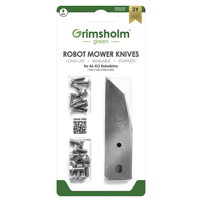 Grimsholm Green Ersatzmesser-Set für Mähroboter - AL-KO Robolinho (100, 1100), 9 Stk. - Bild zeigt Grimsholm Green Robotermähermesser, langlebig, biegsam & rostfrei, für AL-KO Robolinho (100/1100/3100/4100), mit Schrauben.