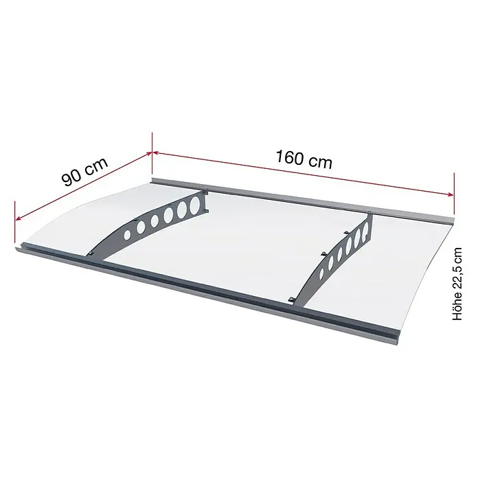 Gutta Pultvordach PT/ET - 160 x 90 x 22,5 cm, Edelstahl - Bild einer Vordachkonstruktion mit den Maßen 160 cm Breite, 90 cm Tiefe und 22,5 cm Höhe.