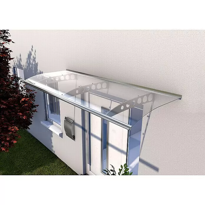 Gutta Pultvordach PT/ET - 240 x 90 x 22,5 cm, Edelstahl - Transparenter Vordach mit silbernem Rahmen über einem Hauseingang installiert.