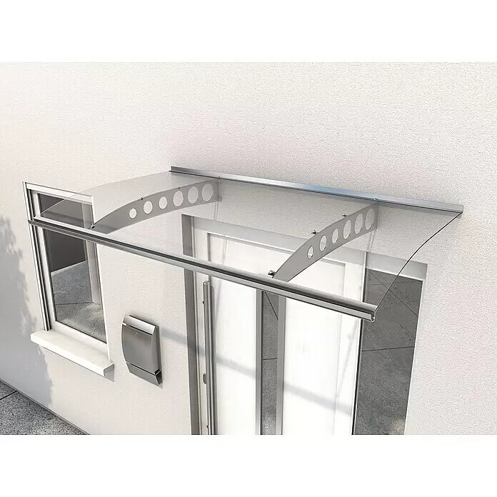 Gutta Pultvordach PT/ET - 160 x 90 x 22,5 cm, Edelstahl - Modernes transparentes Eingangs-Vordach mit Metallstützen über Tür und Fenster.