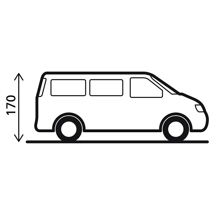 Heckzelt Pilot - VW Caddy - Schwarze Strichzeichnung eines Transporters, Seitenansicht, mit Höhenangabe 170.