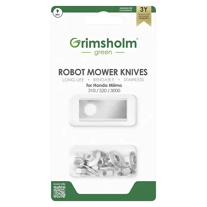 Grimsholm Green Ersatzmesser-Set für Mähroboter - Honda Miimo, 9 Stk. - Grimsholm Robotermähermesser: Langlebige, biegsame Edelstahlmesser für Honda Miimo 310/520/3000 mit 3 Jahren Garantie.
