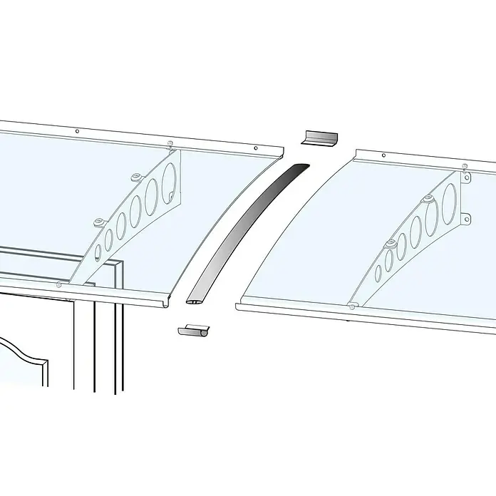 Gutta Verbindungs-Set Vordach - Passend für: Gutta Pultvordach PT/G, PT/GR, PT/ET, Silber - Ein detailliertes Bild einer Glasüberdachung mit Metallelementen, die die Struktur stützen. Ideal für den Außenbereich.