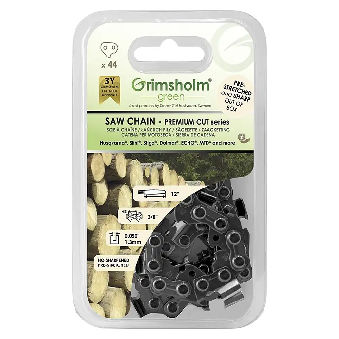 Grimsholm Green Sägekette Premium cut - Schwertlänge: 12 ", Nutbreite: 1,3 mm, Anzahl Treibglieder: 44 Stk. - Grimsholm Green Sägekette "Premium Cut" Serie, vorgedehnt und scharf, passend für Husqvarna, Stihl, Stiga, Dolmar, ECHO, MTD und mehr.