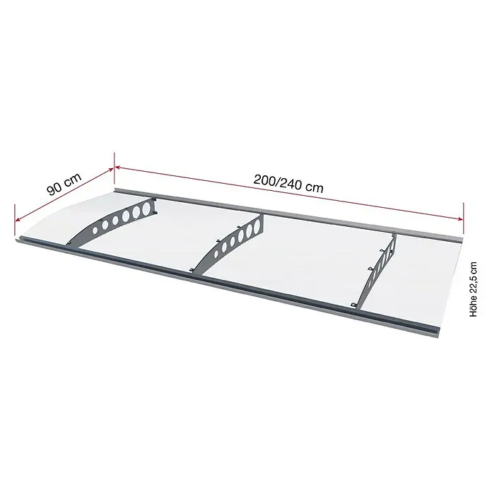 Gutta Pultvordach PT/ET - 240 x 90 x 22,5 cm, Edelstahl - Abbildung einer Vordachkonstruktion mit Maßangaben: 90 cm Tiefe, 200/240 cm Breite und 22,5 cm Höhe.