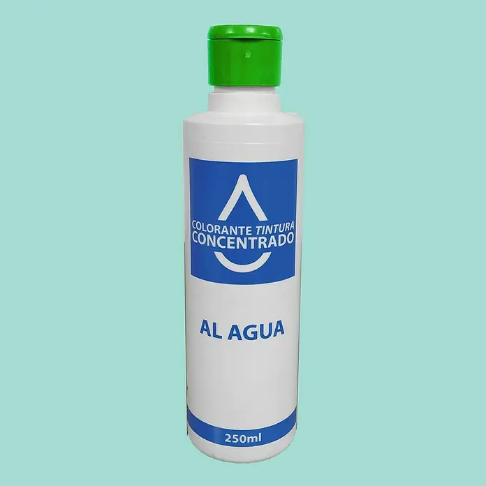 Colorante Concentrado al agua - Verde, 250 ml - Una botella de tinte colorante concentrado con tapón verde y etiqueta azul y blanca. El producto se muestra sobre un fondo azul claro.