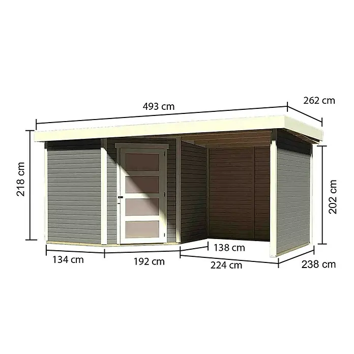 Karibu Gartenhaus Schwandorf 5 - Außenmaß inkl. Dachüberstand (B x T): 492,5 x 262 cm, Holz, Terragrau, Mit Seitendach, Rück- und Seitenwand - Ansicht eines Gartenhauses mit Maßangaben zu Länge, Breite und Höhe.