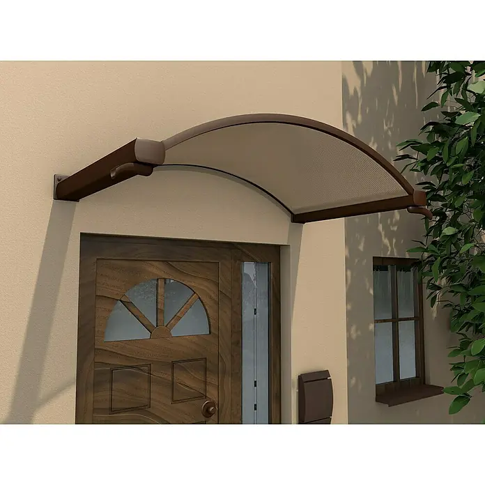 Gutta Bogenvordach NO - 160 x 90 x 30 cm, Braun, Farbe Dach: Bronze - Eine Nahaufnahme einer Haustür mit einer braunen Markise darüber, die vor Witterungseinflüssen schützt. Die Tür hat ein rundes Fenster.