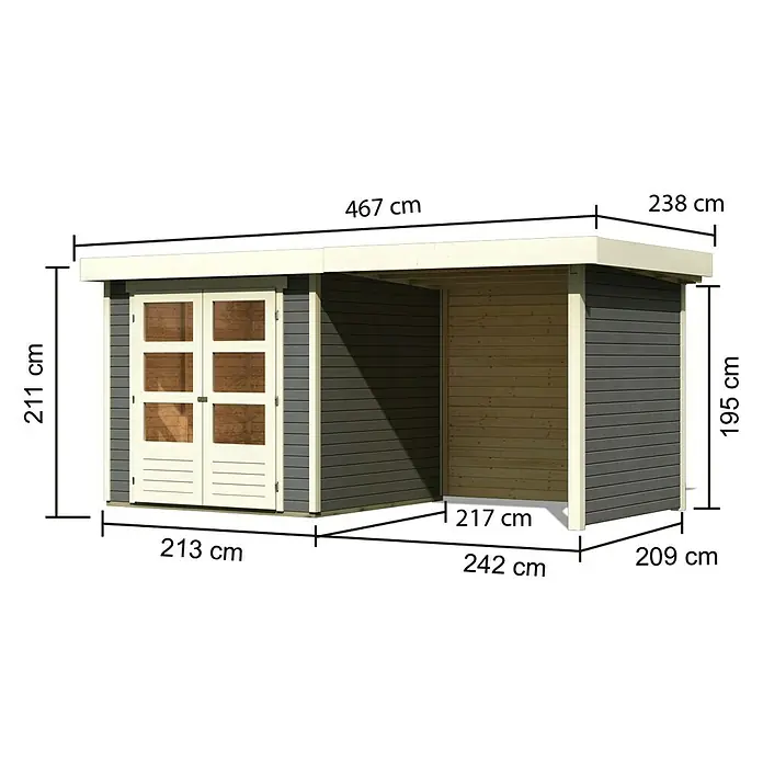 Karibu Gartenhaus Askola 2 - Außenmaß inkl. Dachüberstand (B x T): 467 x 238 cm, Holz, Terragrau, Mit Anbaudach, Seiten- und Rückwand - Abbildung eines Holzschuppens mit den Maßen 467 cm Länge und 238 cm Breite, sowie einer Tür mit einer Höhe von 211 cm.
