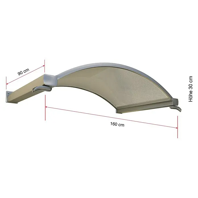 Gutta Bogenvordach NO - 160 x 90 x 30 cm, Edelstahloptik, Farbe Dach: Klar - Abbildung einer grauen Türüberdachung mit den Maßen 90 cm Tiefe, 160 cm Breite und 30 cm Höhe.