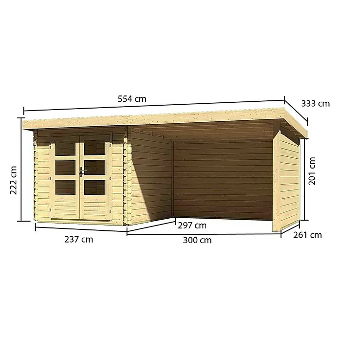 Karibu Gartenhaus Bastrup 4 - Außenmaß inkl. Dachüberstand (B x T): 554 x 333 cm, Holz, Natur, Mit Anbaudach, Seiten- und Rückwand - Illustration eines Holzgartenhauses mit Maßangaben zu Länge, Höhe und Breite.