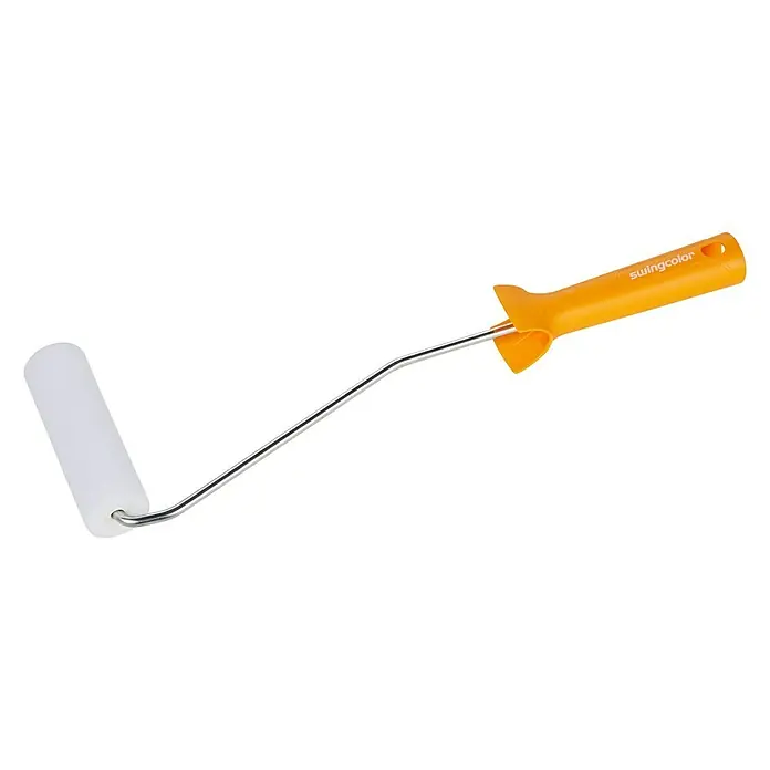 swingcolor Lackierroller - Breite Walze: 11 cm, Bügelstärke: 6 mm, Bügellänge: 39 cm - Nahaufnahme einer Farbwalze mit gelbem Griff. Ideal für präzise Farbaufträge und Renovierungsarbeiten im Haushalt.