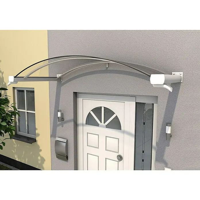 Gutta Bogenvordach BV/B - 200 x 90 x 30 cm, Weiß - Eingangsüberdachung mit gebogener, transparenter Polycarbonat-Platte und weißen Halterungen für optimalen Wetterschutz.