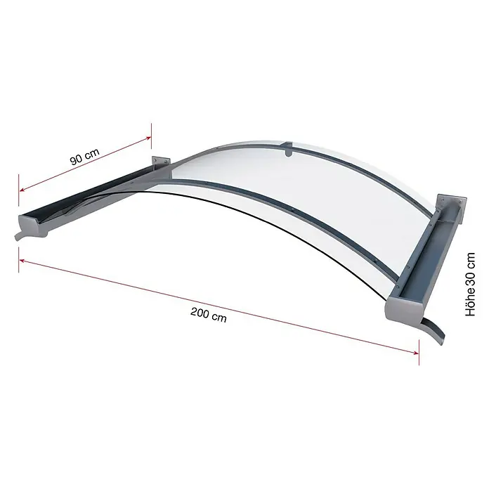 Gutta Bogenvordach BV/B - 200 x 90 x 30 cm, Edelstahloptik - Bild einer Vordachkonstruktion mit Maßangaben (90 cm Tiefe, 200 cm Breite, 30 cm Höhe).