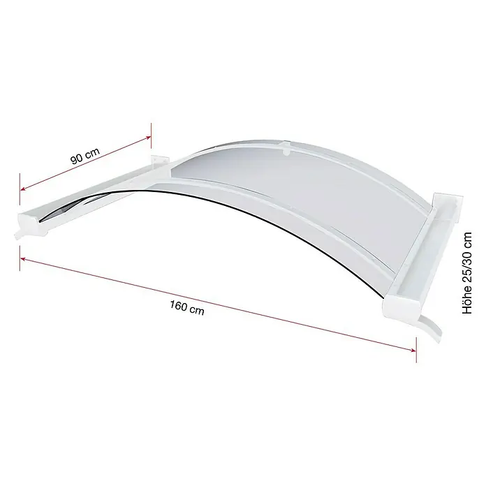 Gutta Bogenvordach BV/B - 160 x 90 x 25 cm, Weiß - Bild einer weißen Türüberdachung mit den Maßen 90 cm Breite, 160 cm Länge und einer Höhe von 25/30 cm.