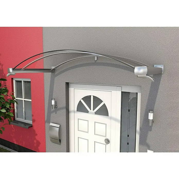 Gutta Bogenvordach BV/B - 200 x 90 x 30 cm, Edelstahloptik - Eingangsüberdachung mit transparentem, gebogenem Dach und silbernen Halterungen an einer Hauswand.
