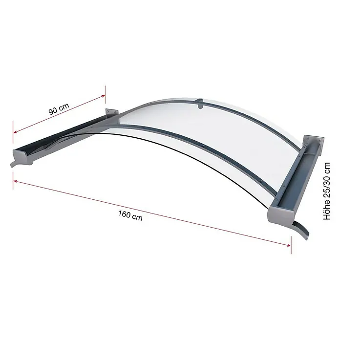 Gutta Bogenvordach BV/B - 160 x 90 x 25 cm, Edelstahloptik - Bild einer Vordachkonstruktion mit den Maßen 90 cm Breite, 160 cm Länge und 25/30 cm Höhe.