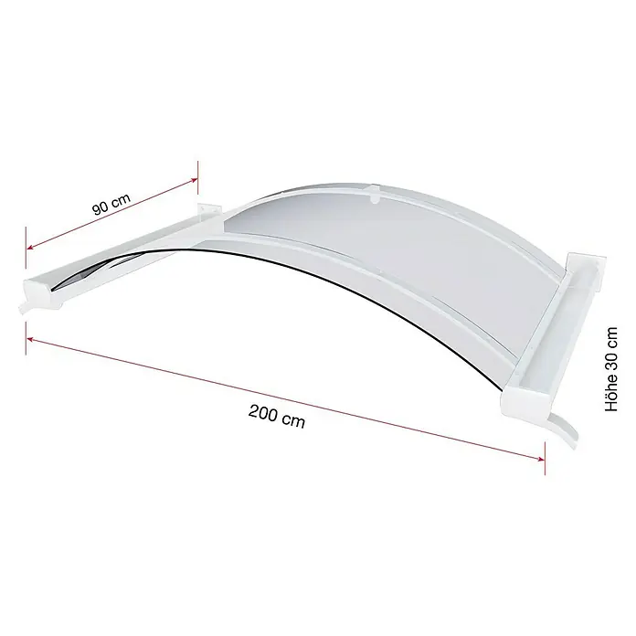 Gutta Bogenvordach BV/B - 200 x 90 x 30 cm, Weiß - Produktbild einer Vordach-Konstruktion mit Größenangaben. Das Vordach ist weiß und transparent und die Maße sind 200 cm x 90 cm x 30 cm.
