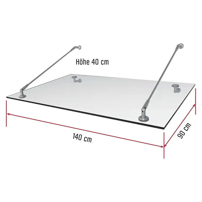 Gutta Vordach PH V2A - 140 x 90 x 40 cm, Edelstahl, Klarglas - Produktdarstellung: Eine Glasplatte mit Abmessungen von 140 cm Länge und 90 cm Breite, gestützt von Streben, mit einer Höhe von 40 cm.