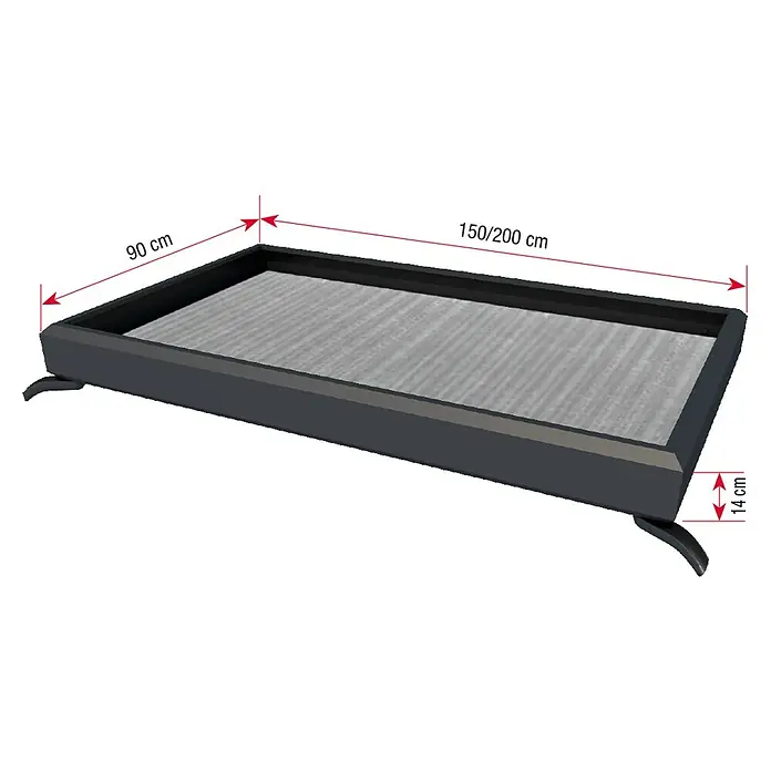 Gutta Rechteckvordach NM - 150 x 90 x 14 cm - Abbildung einer rechteckigen schwarzen Serviertablett mit abgerundeten Beinen und Innenplatte.