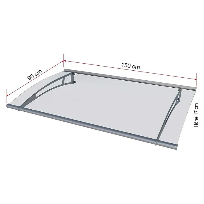 Gutta Pultvordach PT/L - 150 x 95 x 17 cm, Edelstahl, Farbe Dach: Klar - Produktdarstellung: Vordach mit Maßangaben (95 cm Tiefe, 150 cm Breite, 17 cm Höhe). Robustes und modernes Design für Hauseingänge.