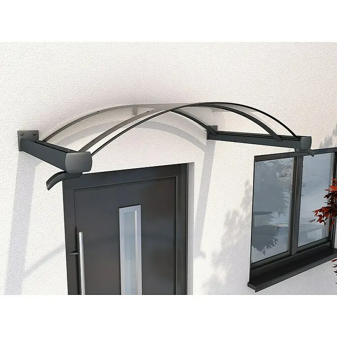 Gutta Bogenvordach BV/B - 160 x 90 x 25 cm, Anthrazitgrau - Die Aufnahme zeigt eine Haustür mit einem modernen Vordach, das Schutz vor Witterungseinflüssen bietet und das Gebäude optisch aufwertet.