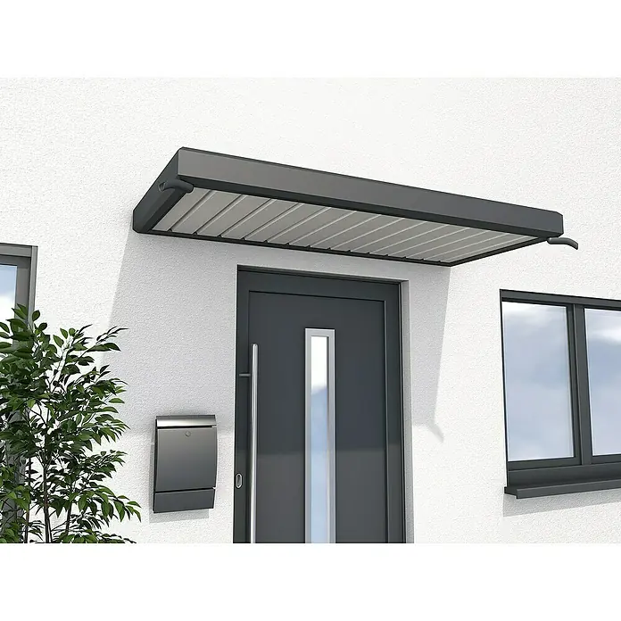 Gutta Rechteckvordach NM - 200 x 90 x 14 cm - Eine moderne Haustür mit einem stilvollen Vordach in Anthrazit, das Schutz bietet und das Design des Eingangsbereichs aufwertet.