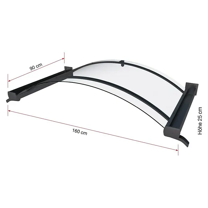 Gutta Bogenvordach BV/B - 160 x 90 x 25 cm, Anthrazitgrau - Abbildung einer transparenten Haustür-Überdachung mit den Maßen 90 cm Tiefe, 160 cm Breite und 25 cm Höhe.