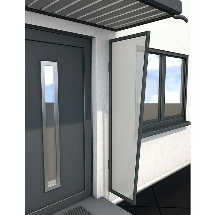 Gutta Seitenblende B1 - 60 x 200 cm, Anthrazit, Polycarbonat Stegplatte klar - Nahaufnahme einer modernen Haustür mit einem daneben geöffneten Seitenfenster, das frische Luft hereinlässt.