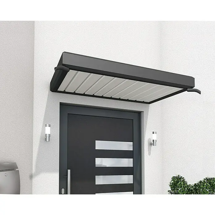 Gutta Rechteckvordach NM - 150 x 90 x 14 cm - Bild einer modernen Haustür mit einem stilvollen, schwarzen Vordach, das Schutz bietet und das architektonische Design ergänzt.