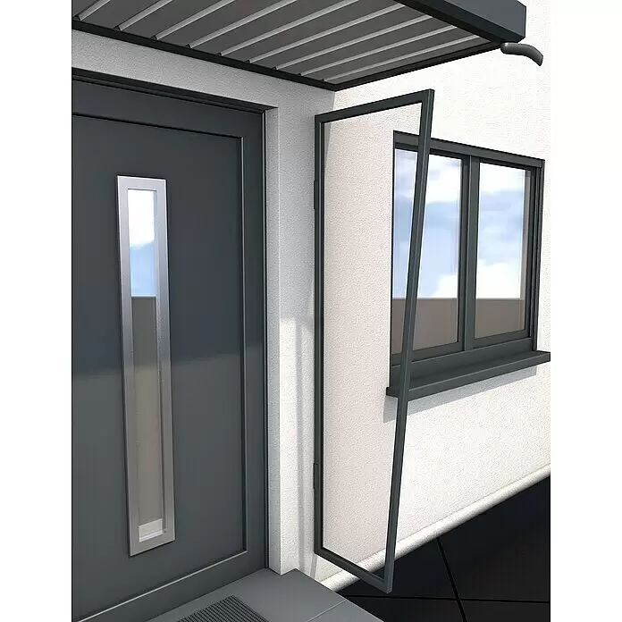 Gutta Seitenblende B1 - 60 x 200 cm, Anthrazit, Acrylglas klar - Dunkelgraue Haustür, Fenster und ein offener Insektenschutz an einer modernen Hausfassade mit Markise.