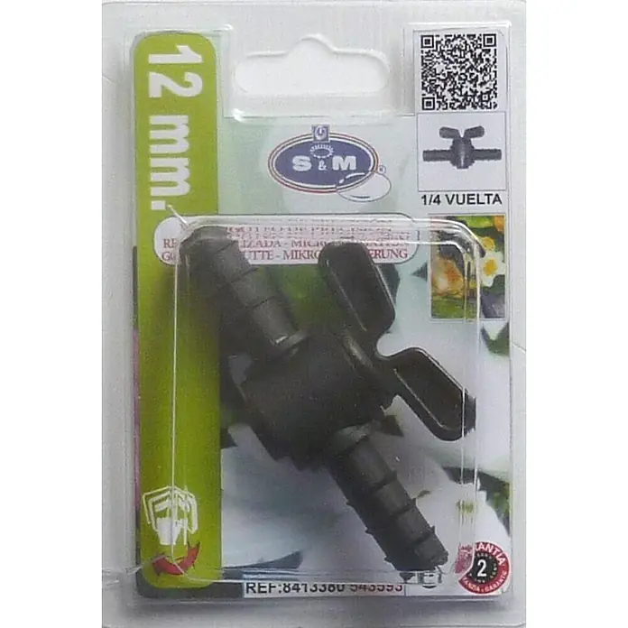 Llave de paso goteo - Diámetro conexión: 12 mm - Imagen de un accesorio de riego S&M de 12 mm, con una válvula de 1/4 de vuelta para el control del flujo de agua.