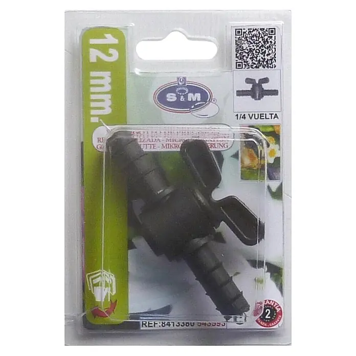 Llave de paso goteo - Diámetro conexión: 12 mm - Imagen de un accesorio de riego S&M de 12 mm, con una válvula de 1/4 de vuelta para el control del flujo de agua.
