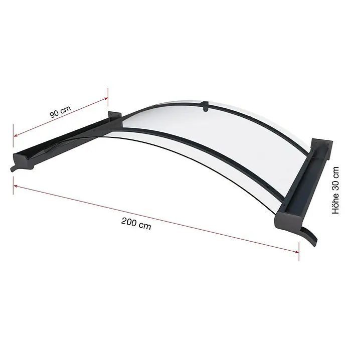 Gutta Bogenvordach BV/B - 200 x 90 x 30 cm, Anthrazitgrau - Abmessungen der Vordachkonstruktion. Die Tiefe beträgt 90 cm, die Höhe 30 cm und die Breite 200 cm.