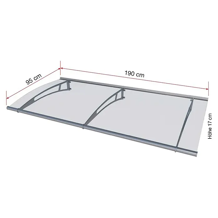 Gutta Pultvordach PT/L - 190 x 95 x 17 cm, Edelstahl, Farbe Dach: Klar - Darstellung einer transparenten Haustür-Überdachung mit Maßangaben, inklusive Breite, Tiefe und Höhe.