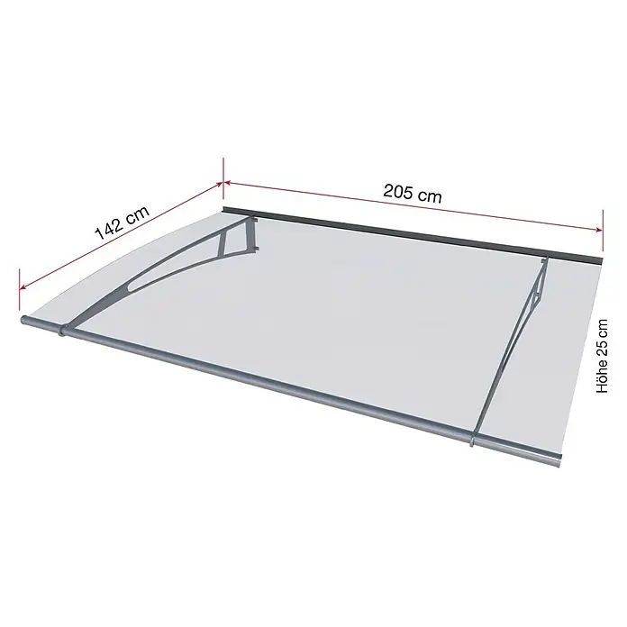 Gutta Pultvordach PT/XL - 205 x 142 x 25 cm, Edelstahl - Produktbild einer transparenten Haustürüberdachung mit den Maßen 205 cm x 142 cm.