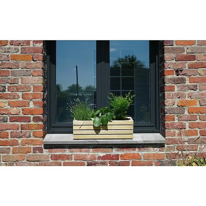 Cerland Macetero para plantas Horizon - Dimensiones externas (L x An x Al): 59 x 19 x 19 cm, Madera, Natural - Una jardinera de madera con plantas en el alféizar de una ventana contra una pared de ladrillos, que realza la belleza natural y el encanto del hogar.