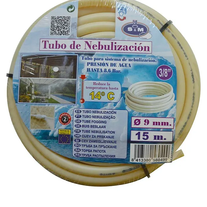 Tubo PE nebulización - Diámetro: 9 mm, Plástico - Tubo de nebulización: 9 mm de diámetro, 15 m de longitud. Ideal para reducir la temperatura exterior.