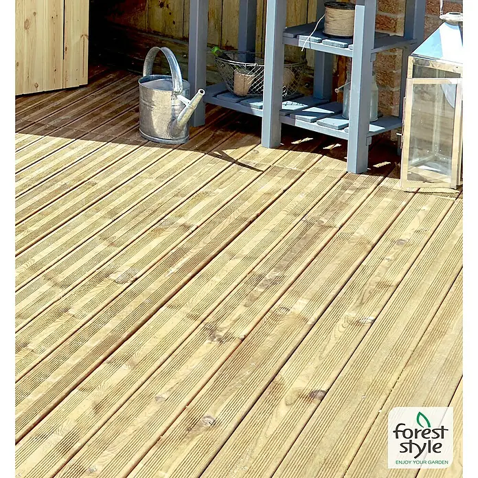 Cerland Tarima para terraza Julio - L x An x Es: 240 x 12 x 2,1 cm, Pino - Tableros de terraza de madera con elementos de diseño de jardín como estanterías y regadera de zinc. Disfrute de su jardín con estilo.