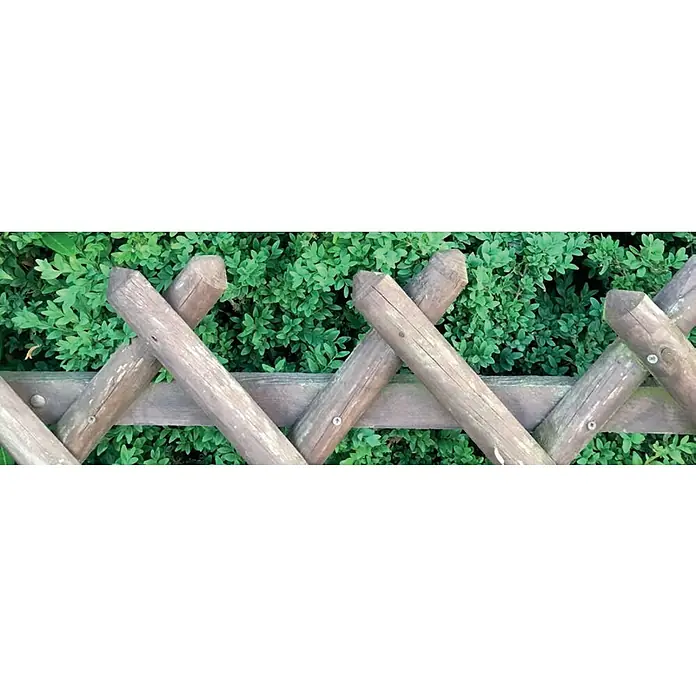 Cerland Poste para cercado Pony semiredondo - Altura: 250 cm, Marrón nuez, Madera - Primer plano de una valla de madera tejida marrón contra un arbusto verde, que emana un encanto rústico y natural.