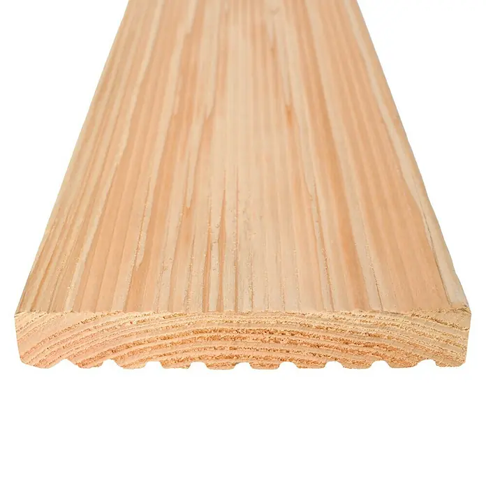 Terrassendiele - Douglasie, 400 x 14,5 x 2,8 cm, Rötlich gelblich - Nahaufnahme eines Profilholzbretts mit Nut- und Federverbindung, ideal für Wand- und Deckenverkleidungen.