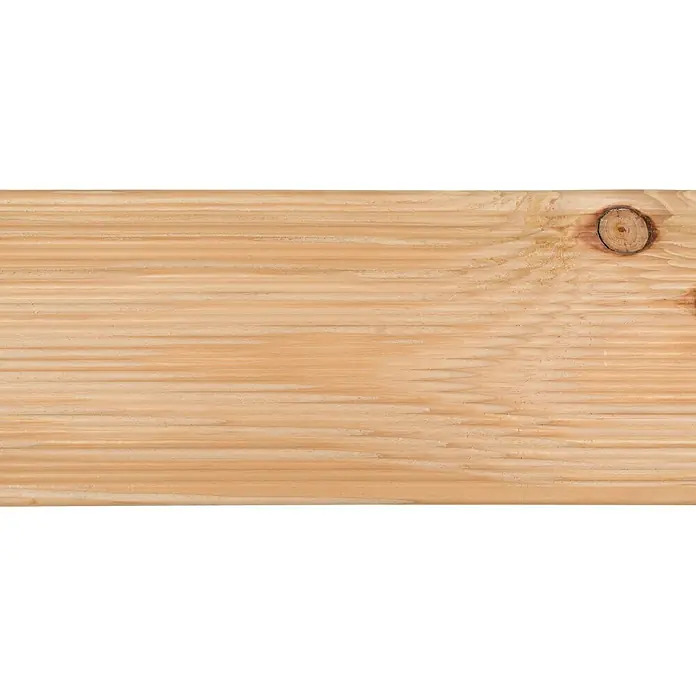 Terrassendiele - Douglasie, 400 x 14,5 x 2,8 cm, Rötlich gelblich - Nahaufnahme eines hellen Holzbretts mit Ästen, das die natürliche Maserung und Textur des Materials hervorhebt.